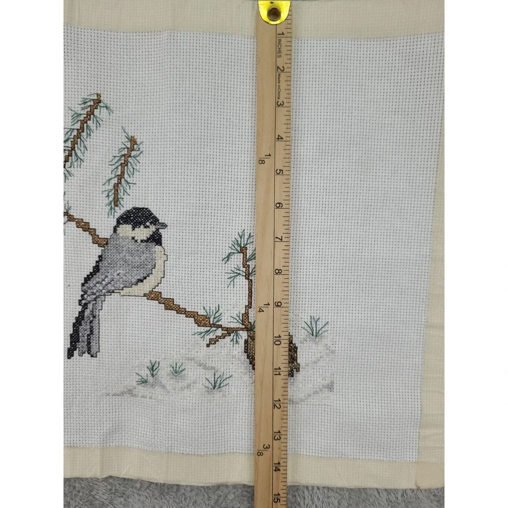 Handmade Cross Stitch Chickadee‎ Winter Scene Needlepoint Art Decor Completed